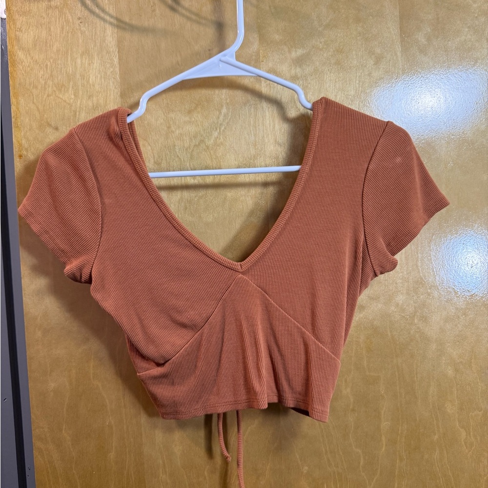 RVCA Brown Red Wrap Crop Top Short Sleeve